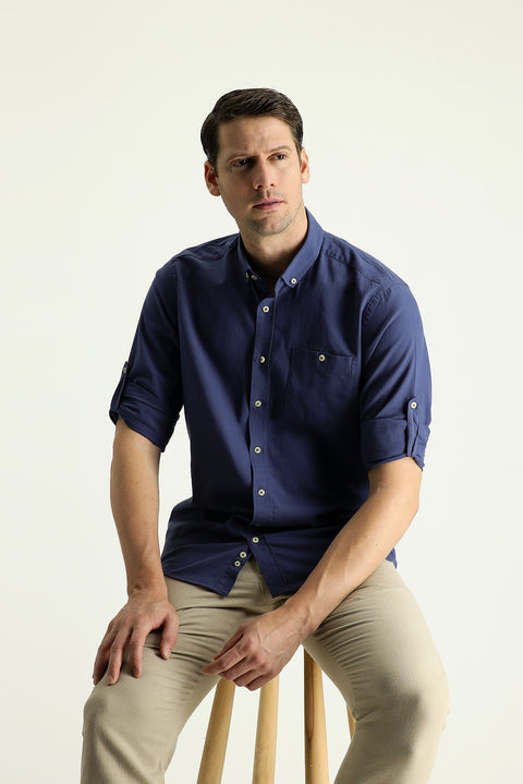 Indigo Long Sleeve Regular Fit Cotton Sports Shirt