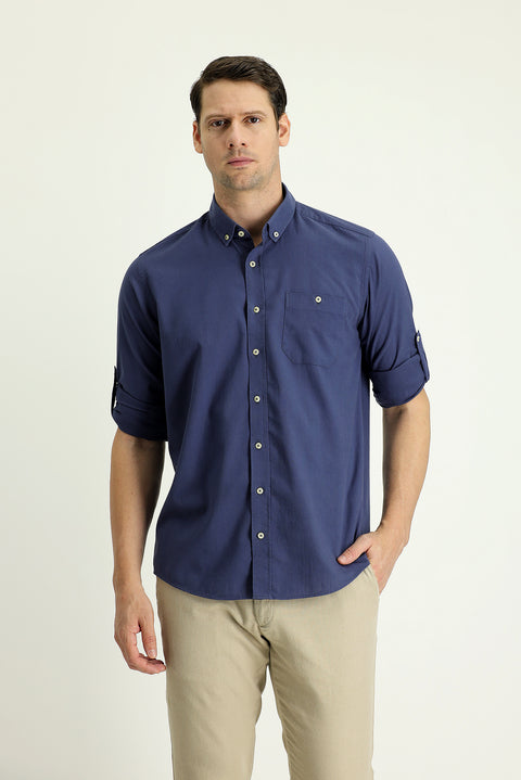 Indigo Long Sleeve Regular Fit Cotton Sports Shirt