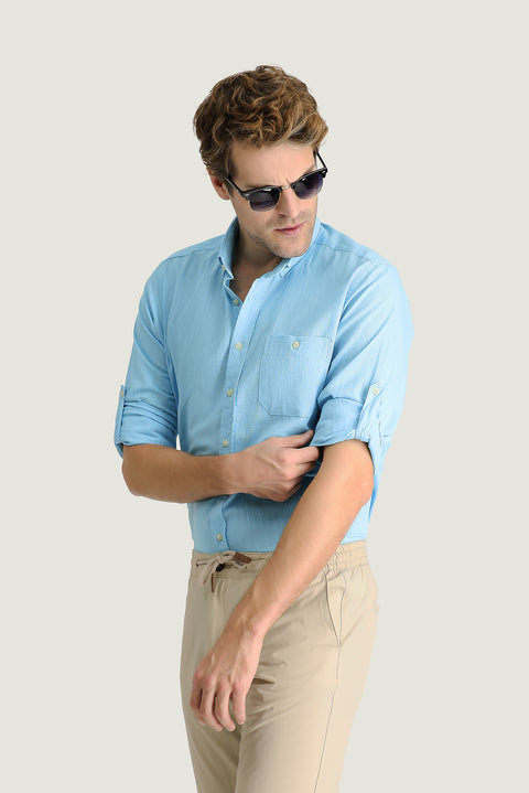 Light Turquoise Long Sleeve Regular Fit Cotton Sports Shirt
