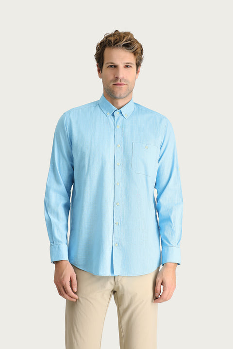 Light Turquoise Long Sleeve Regular Fit Cotton Sports Shirt