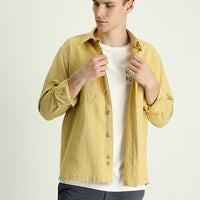 Dark Beige Long Sleeve Regular Fit Cotton Sport Shirt with Pockets