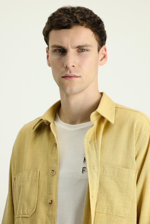 Dark Beige Long Sleeve Regular Fit Cotton Sport Shirt with Pockets