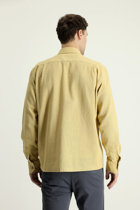 Dark Beige Long Sleeve Regular Fit Cotton Sport Shirt with Pockets