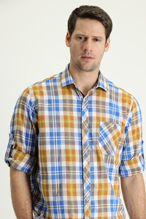 Medium Orange Long Sleeve Regular Fit Plaid Cotton Linen Shirt