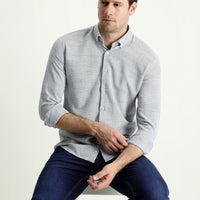 Light Navy Blue Long Sleeve Slim Fit Narrow Cut Linen-Look Cotton Sporty Button-Down Collar Shirt