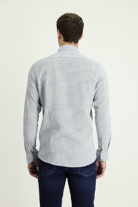 Light Navy Blue Long Sleeve Slim Fit Narrow Cut Linen-Look Cotton Sporty Button-Down Collar Shirt