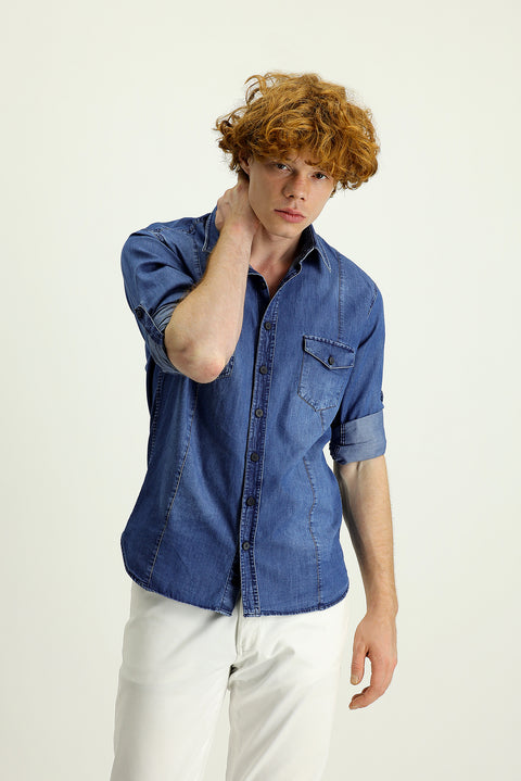 Indigo Long Sleeve Slim Fit Narrow Cut Denim Cotton Shirt