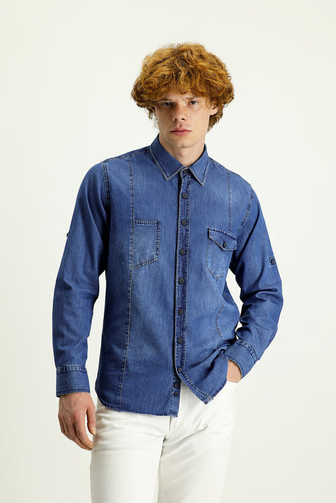 Indigo Long Sleeve Slim Fit Narrow Cut Denim Cotton Shirt