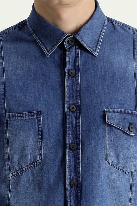 Indigo Long Sleeve Slim Fit Narrow Cut Denim Cotton Shirt