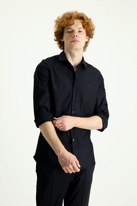 Black Techno-Line Long Sleeve Slim Fit Knitted Shirt
