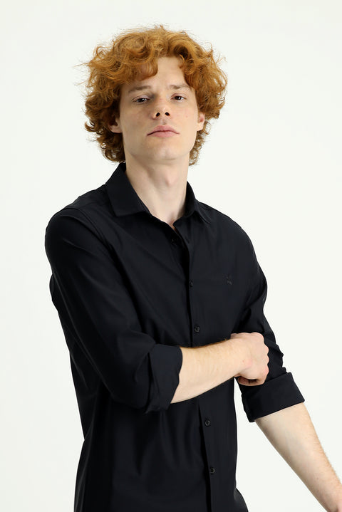 Black Techno-Line Long Sleeve Slim Fit Knitted Shirt
