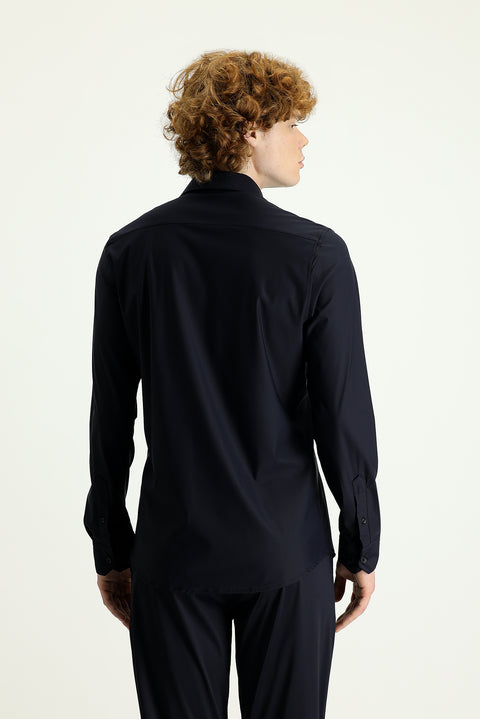 Koyu Lacivert Techno-Line Uzun Kol Slim Fit Dar Kesim Örme Gömlek
