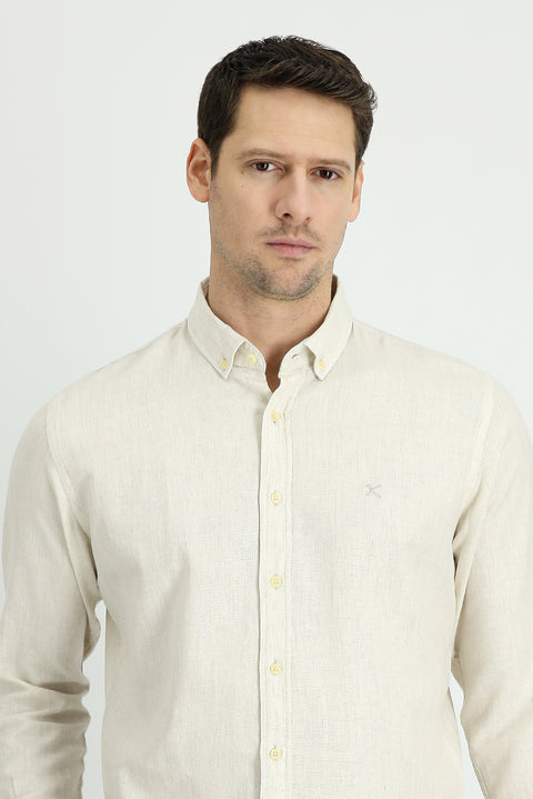 Cream Long Sleeve Slim Fit Narrow Cut Sport Shirt