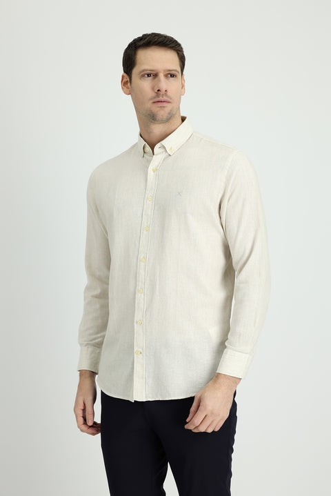 Cream Long Sleeve Slim Fit Narrow Cut Sport Shirt