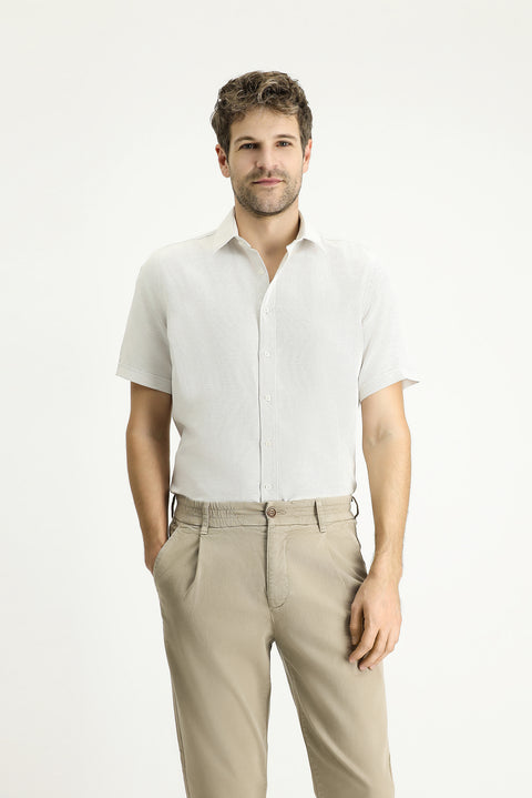 Cream Short Sleeve Regular Fit Linen-Look Cotton Shirt