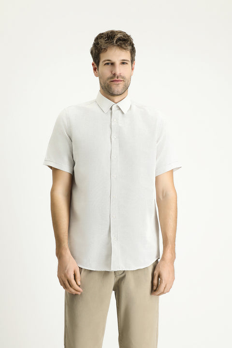 Cream Short Sleeve Regular Fit Linen-Look Cotton Shirt