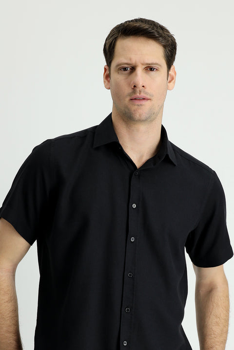 Men's Black Short Sleeve Regular Fit Sporty Cotton Linen Shirt