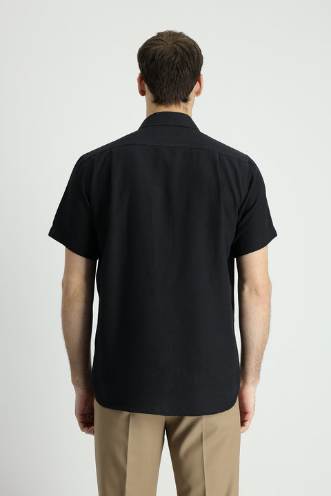 Men's Black Short Sleeve Regular Fit Sporty Cotton Linen Shirt