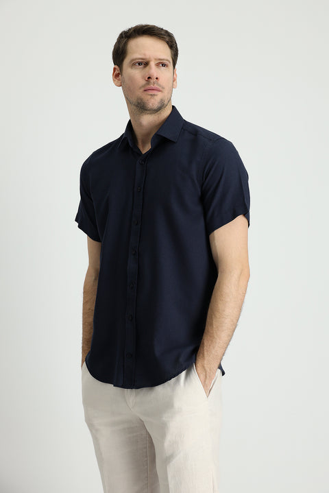 Dark Navy Short Sleeve Regular Fit Sport Cotton Linen Blend Shirt