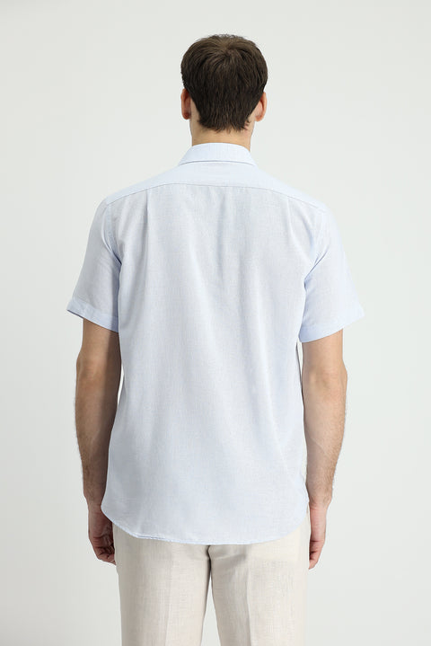 Light Blue Short Sleeve Regular Fit Sport Cotton Linen Blend Shirt