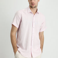 Dusty Pink Short Sleeve Regular Fit Sport Cotton Linen Blend Shirt