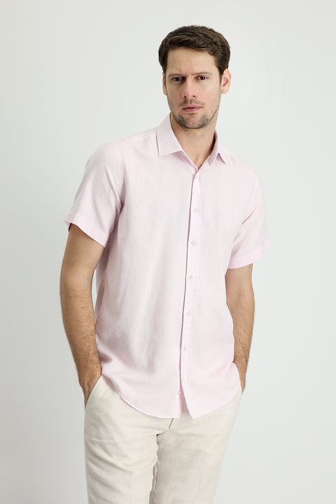 Dusty Pink Short Sleeve Regular Fit Sport Cotton Linen Blend Shirt