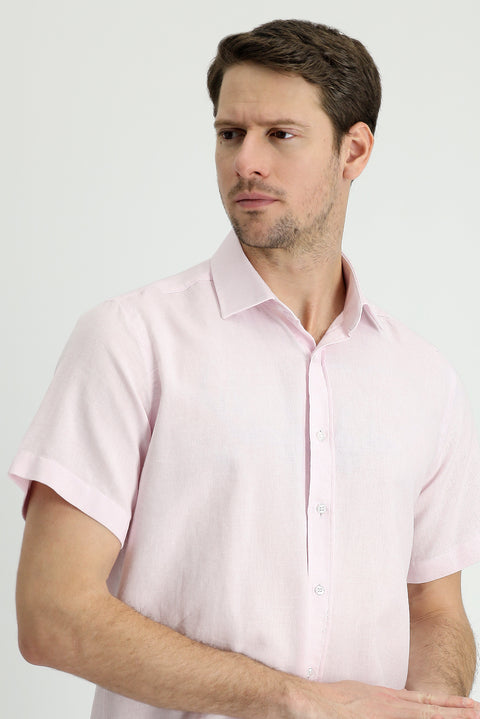 Dusty Pink Short Sleeve Regular Fit Sport Cotton Linen Blend Shirt