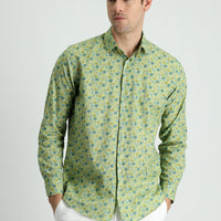 Forest Green Long Sleeve Slim Fit Narrow Cut Printed Cotton Sport Shirt
