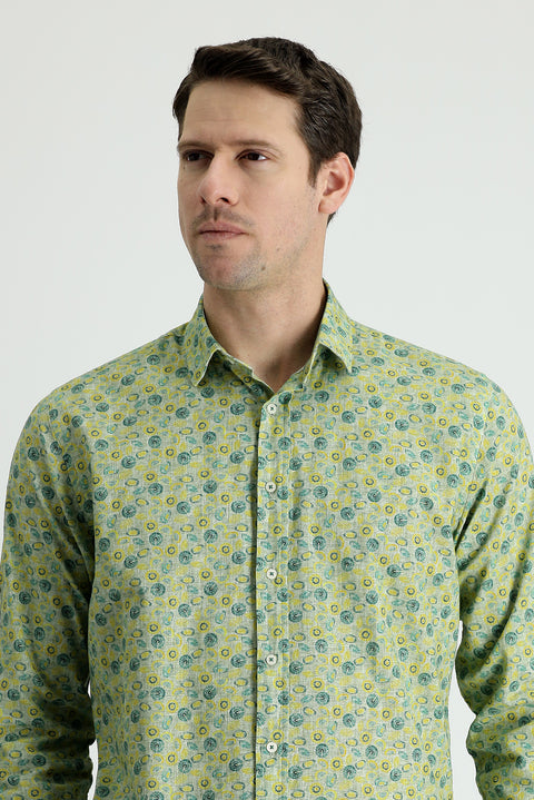 Forest Green Long Sleeve Slim Fit Narrow Cut Printed Cotton Sport Shirt