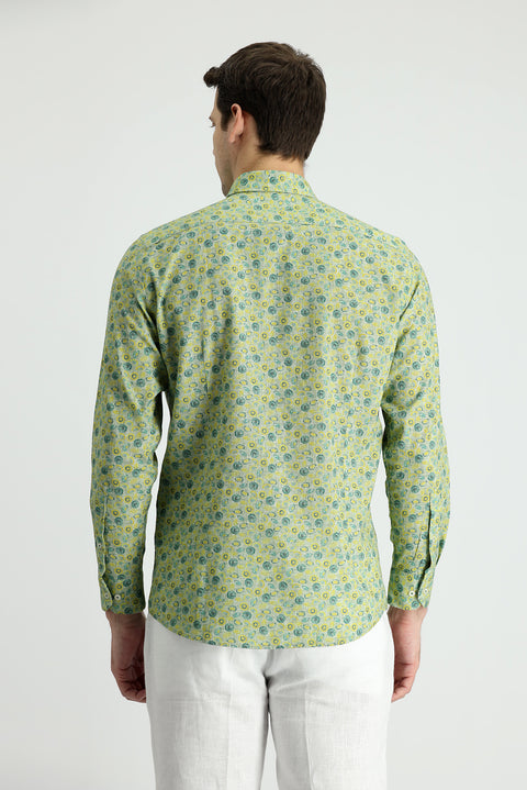 Forest Green Long Sleeve Slim Fit Narrow Cut Printed Cotton Sport Shirt