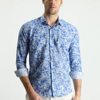 Blue Long Sleeve Slim Fit Printed Cotton Shirt