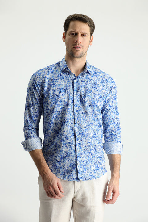 Blue Long Sleeve Slim Fit Printed Cotton Shirt