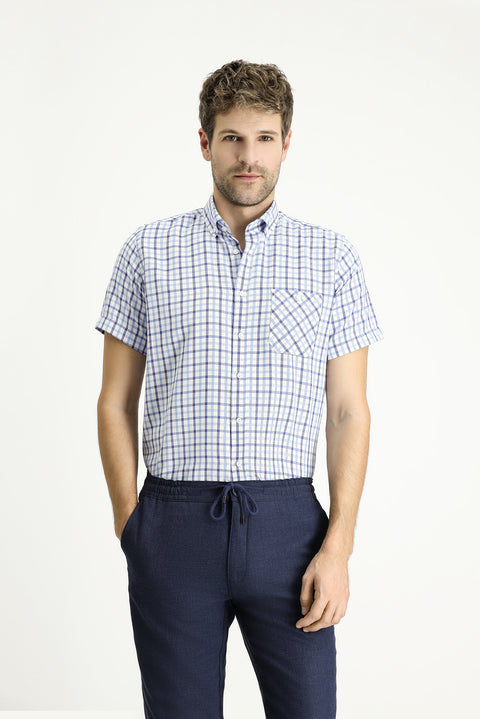 Light Blue Short Sleeve Regular Fit Plaid Cotton Shirt