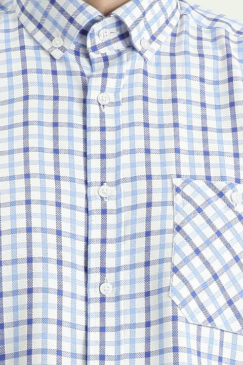 Light Blue Short Sleeve Regular Fit Plaid Cotton Shirt