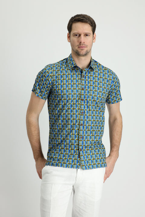 Dark Blue Short Sleeve Slim Fit Printed Cotton Shirt