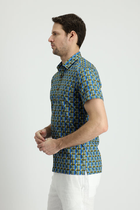 Dark Blue Short Sleeve Slim Fit Printed Cotton Shirt