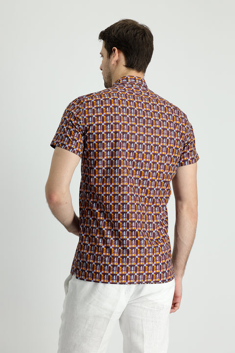 Dark Burgundy Short Sleeve Slim Fit Printed Cotton Shirt