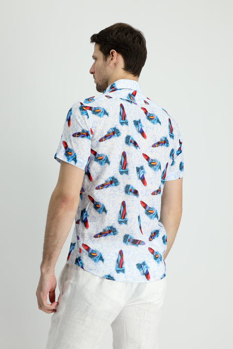 White Short Sleeve Slim Fit Printed Cotton Shirt