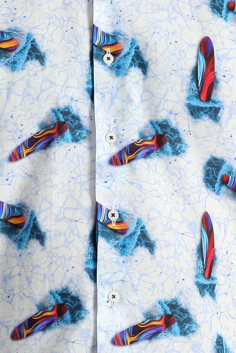 White Short Sleeve Slim Fit Printed Cotton Shirt