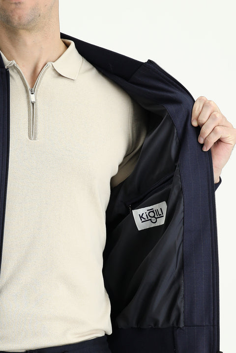Dark Navy Slim Fit Ribbed Seasonal Sport Jacket