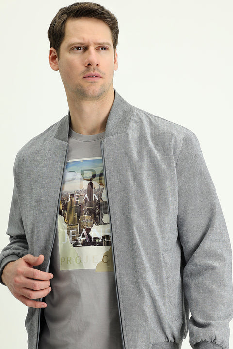 Dark Charcoal Ribbed Sporty Linen Blend Jacket