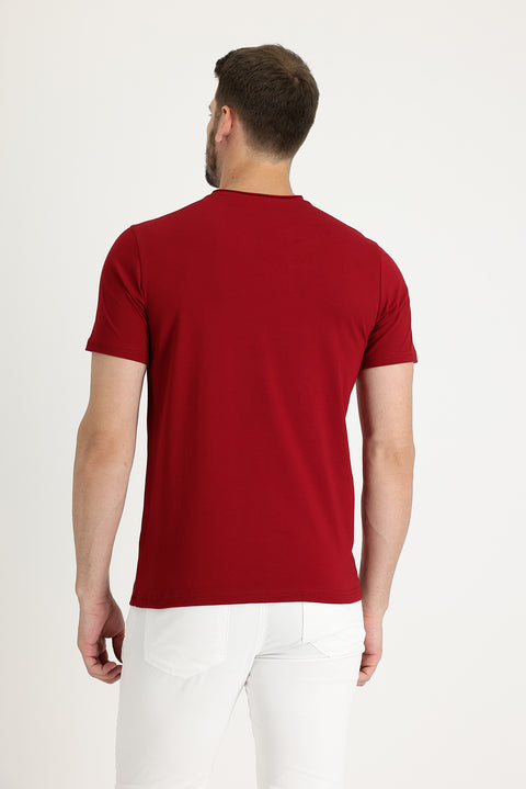Dark Red Crew Neck Slim Fit Narrow Cut Cotton T-Shirt