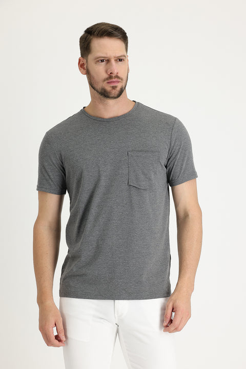 Koyu Antrasit Bisiklet Yaka Slim Fit Dar Kesim Tişört