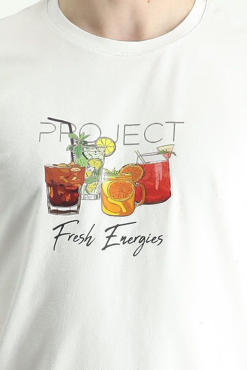 White Crew Neck Slim Fit Printed Cotton T-Shirt