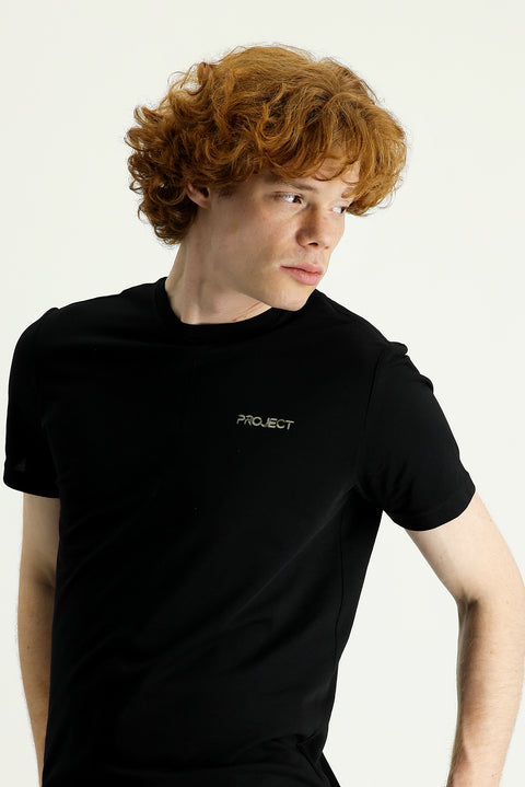 Black Crew Neck Slim Fit Printed Cotton T-Shirt