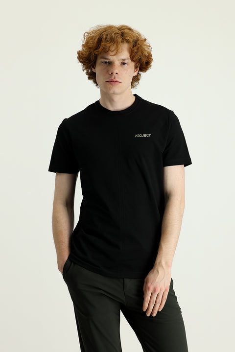 Black Crew Neck Slim Fit Printed Cotton T-Shirt