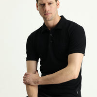 Siyah Polo Yaka Regular Fit Nakışlı Pamuk Tişört
