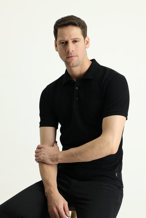 Siyah Polo Yaka Regular Fit Nakışlı Pamuk Tişört