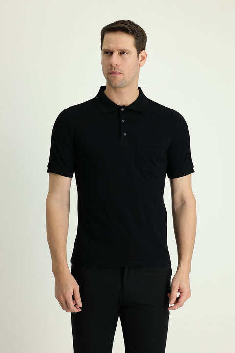 Siyah Polo Yaka Regular Fit Nakışlı Pamuk Tişört