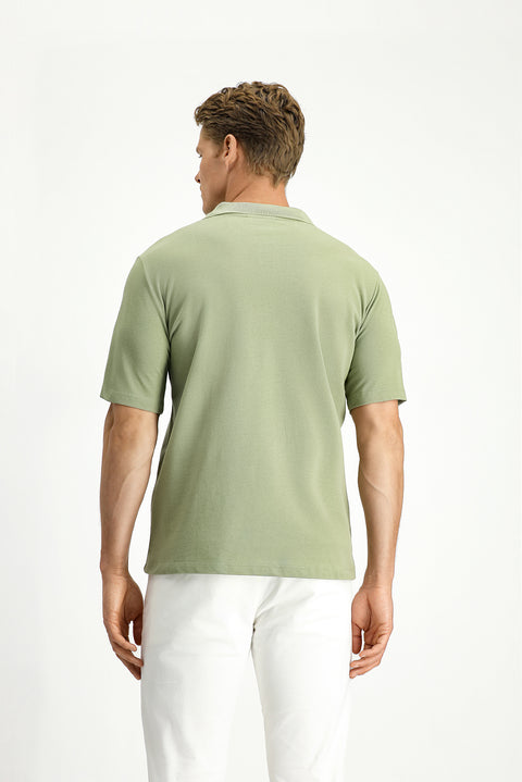 Forest Green Polo Collar Regular Fit Pocketed Embroidered 100% Cotton T-shirt